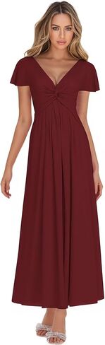 فساتين وصيفة العروس للنساء شيفون أكمام مرفرفة مع جيوب فستان رسمي طويل للحفلات الراقصة رقبة على شكل حرف V in Kuwait