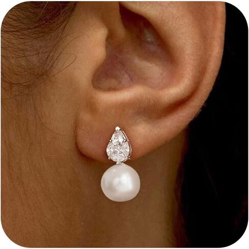 Pearl Earrings For Women,14K Gold/Silver Plated Formal Bridesmaid Bridal Wedding Earring Hypoallergenic Silver Pearl Drop Stud Earring Gold Earrings For Women Trendy Wedding Jewelry in Kuwait