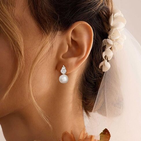Pearl Earrings For Women,14K Gold/Silver Plated Formal Bridesmaid Bridal Wedding Earring Hypoallergenic Silver Pearl Drop Stud Earring Gold Earrings For Women Trendy Wedding Jewelry in Kuwait