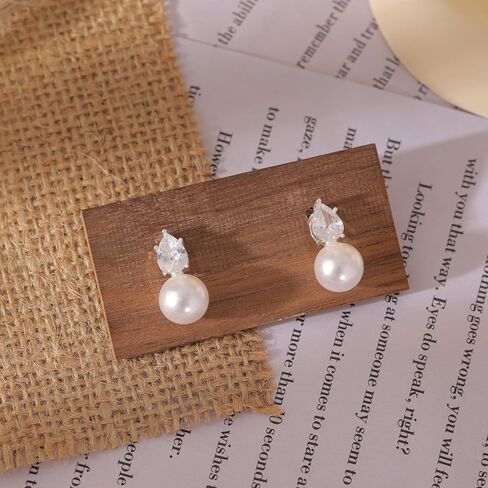 Pearl Earrings For Women,14K Gold/Silver Plated Formal Bridesmaid Bridal Wedding Earring Hypoallergenic Silver Pearl Drop Stud Earring Gold Earrings For Women Trendy Wedding Jewelry in Kuwait