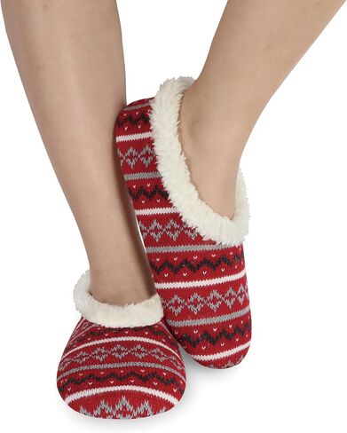 Snoozies Norwegian Knit Slippers for Women with Memory Foam Insole and Soft Sherpa Lining, Slipper Socks with Grips for Women in Saudi Arabia