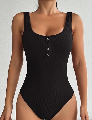 Women's Ribbed Bodysuit Square Neck Button Front Rompers Sleeveless One Piece Onitard Outfit Fit in Saudi Arabia