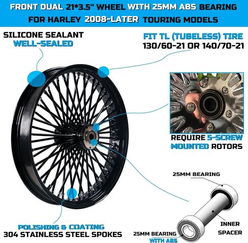 21 * 3.5'' 52 Stainless Steel Spokes Front Dual Wheels W/ABS Bearing for 2008-later Touring 21 Inch Harley Wheels and Rims Updating in Kuwait