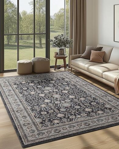 6x9 Washable Non-Slip Area Rug for Living Room, Dining Room, Bedroom Home Office-Vintage Farmhouse Soft Non-Shedding Distressed Low Pile Area Rug (Retro Blue and Burgundy,6x9) in Saudi Arabia