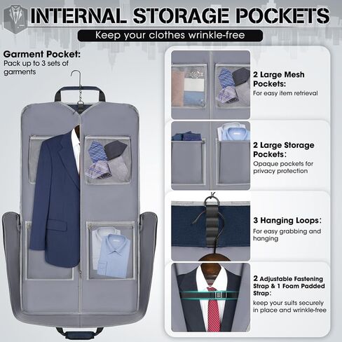 RAINSMORE Garment Bags for Travel Carry On Garment Bag for Hanging Clothes, Suit Bag for Business Trips with Shoes bag & Shoulder Strap, Waterproof Foldable Suit Luggage Bag for Men Women, Black in Kuwait