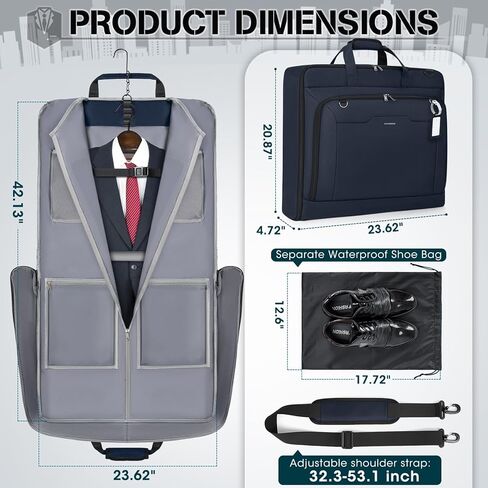 RAINSMORE Garment Bags for Travel Carry On Garment Bag for Hanging Clothes, Suit Bag for Business Trips with Shoes bag & Shoulder Strap, Waterproof Foldable Suit Luggage Bag for Men Women, Black in Kuwait