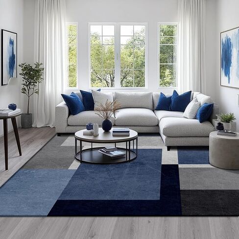 5x7ft Blue Grey Abstract Area Rug, Soft Washable Square Contemporary Floor Carpet for Indoor Decor, Low Pile Non-Slip Modern Geometry Rug for Living Room Bedroom in Saudi Arabia