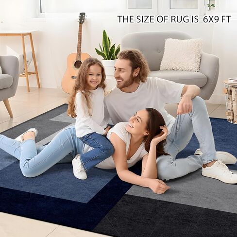 5x7ft Blue Grey Abstract Area Rug, Soft Washable Square Contemporary Floor Carpet for Indoor Decor, Low Pile Non-Slip Modern Geometry Rug for Living Room Bedroom in Saudi Arabia
