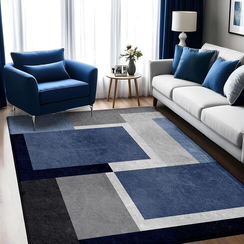 5x7ft Blue Grey Abstract Area Rug, Soft Washable Square Contemporary Floor Carpet for Indoor Decor, Low Pile Non-Slip Modern Geometry Rug for Living Room Bedroom in Saudi Arabia