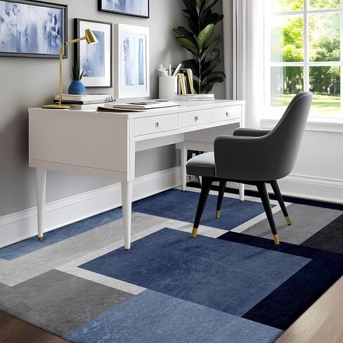 5x7ft Blue Grey Abstract Area Rug, Soft Washable Square Contemporary Floor Carpet for Indoor Decor, Low Pile Non-Slip Modern Geometry Rug for Living Room Bedroom in Saudi Arabia