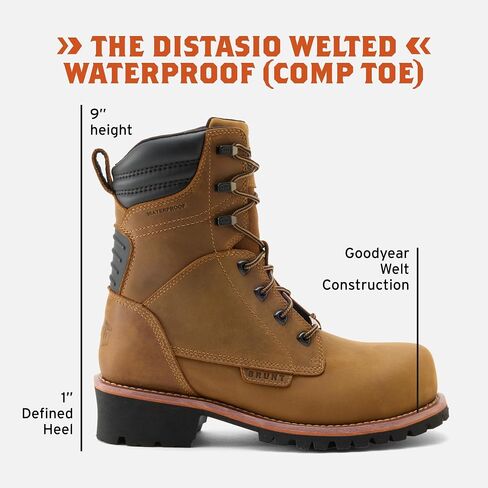 BRUNT DiStasio Welted (Comp Toe) - Men’s 9'' Waterproof Logger Safety Toe Work Boot - Brown, Goodyear Welt Construction, EH & ESR Rated, Oil & Slip Resistant, Adjustable Width in Saudi Arabia