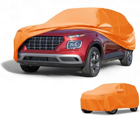 Car Cover Waterproof All Weather Automotive Outdoor Anti-UV Full Exterior Cover for Hyundai Venue 210D-PU Orange with Left Side Zippers in Saudi Arabia