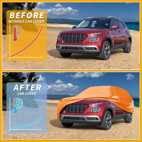Car Cover Waterproof All Weather Automotive Outdoor Anti-UV Full Exterior Cover for Hyundai Venue 210D-PU Orange with Left Side Zippers in Saudi Arabia