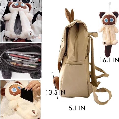 Cute Cartoon Siamese Cat Backpack with Chic Case and Pendant Y2K Ita Bag Kawaii Large Capacity Mochila De Gift (2Pcs (Khaki + Case)) in Saudi Arabia