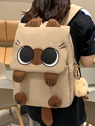 Cute Cartoon Siamese Cat Backpack with Chic Case and Pendant Y2K Ita Bag Kawaii Large Capacity Mochila De Gift (2Pcs (Khaki + Case)) in Saudi Arabia