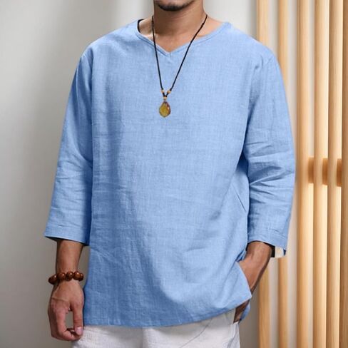 Men's Casual Cotton Linen Long Sleeve Shirt Beach Hippie T-Shirts Lightweight Loose Tops in Saudi Arabia