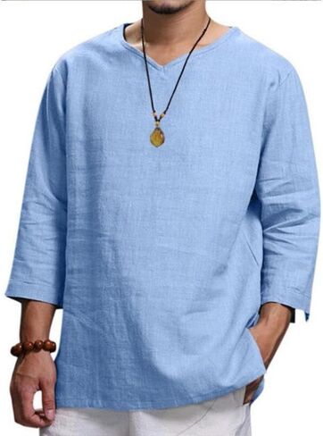 Men's Casual Cotton Linen Long Sleeve Shirt Beach Hippie T-Shirts Lightweight Loose Tops in Saudi Arabia