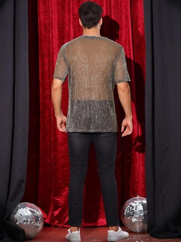 Glitter See Through Tee for Men's Short Sleeves Party Clubwear Metallic Shiny Mesh Sheer T-Shirt in Saudi Arabia