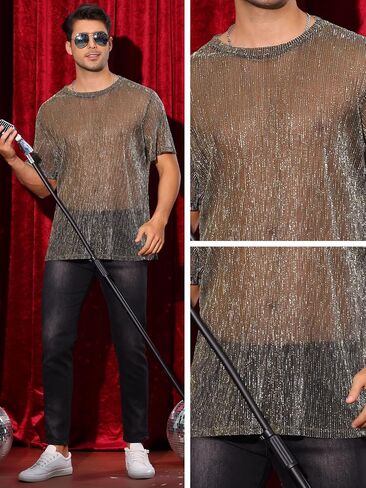 Glitter See Through Tee for Men's Short Sleeves Party Clubwear Metallic Shiny Mesh Sheer T-Shirt in Saudi Arabia
