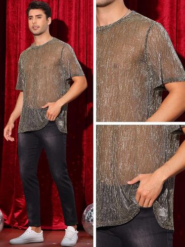 Glitter See Through Tee for Men's Short Sleeves Party Clubwear Metallic Shiny Mesh Sheer T-Shirt in Saudi Arabia