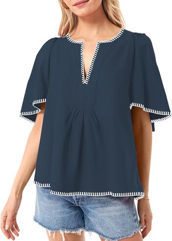 HOULENGS Women's Casual Ruffle Short Sleeve Tops 2025 Summer V Neck Pleated Blouses Loose Business Work Shirts in Saudi Arabia