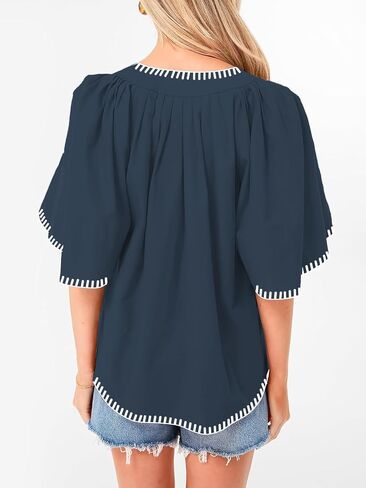HOULENGS Women's Casual Ruffle Short Sleeve Tops 2025 Summer V Neck Pleated Blouses Loose Business Work Shirts in Saudi Arabia