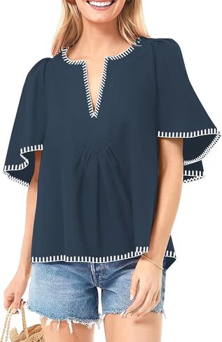 HOULENGS Women's Casual Ruffle Short Sleeve Tops 2025 Summer V Neck Pleated Blouses Loose Business Work Shirts in Saudi Arabia
