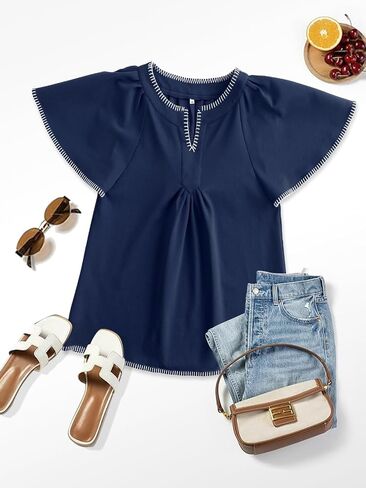 HOULENGS Women's Casual Ruffle Short Sleeve Tops 2025 Summer V Neck Pleated Blouses Loose Business Work Shirts in Saudi Arabia