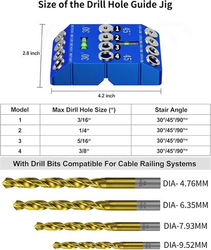 30 45 90 Angle Drill Guide Jig with 4 Drill Bits and 90° V-grooves, 4 Size Drill Jig for Angled or Straight Holes, for Railing, Deck, Wood Post, Portable Level design in Saudi Arabia