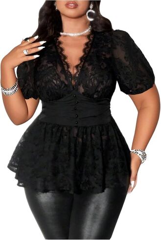 MakeMeChic Women's Party Plus Size Floral Lace V Neck Blouse Ruched Scallop Short Sleeve Ruffle Shirt in Saudi Arabia
