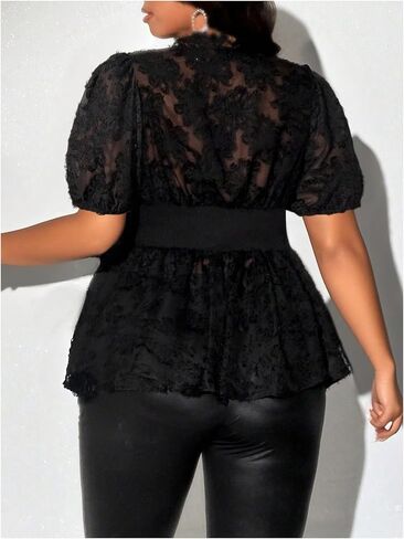 MakeMeChic Women's Party Plus Size Floral Lace V Neck Blouse Ruched Scallop Short Sleeve Ruffle Shirt in Saudi Arabia