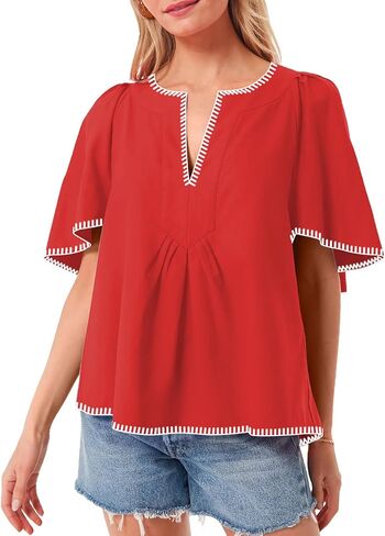 HOULENGS Women's Casual Ruffle Short Sleeve Tops 2025 Summer V Neck Pleated Blouses Loose Business Work Shirts in Saudi Arabia