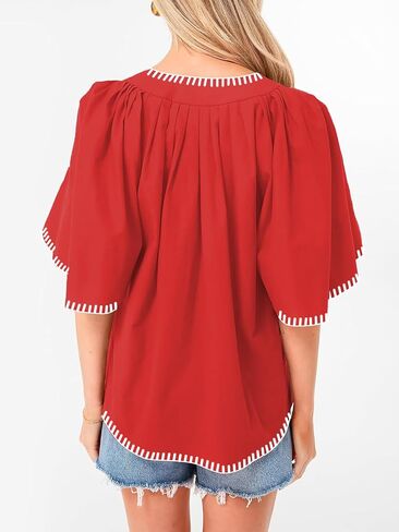 HOULENGS Women's Casual Ruffle Short Sleeve Tops 2025 Summer V Neck Pleated Blouses Loose Business Work Shirts in Saudi Arabia