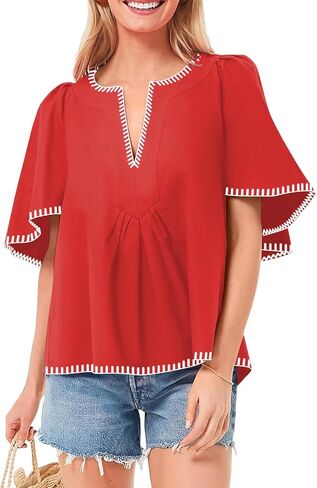 HOULENGS Women's Casual Ruffle Short Sleeve Tops 2025 Summer V Neck Pleated Blouses Loose Business Work Shirts in Saudi Arabia