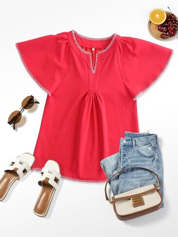 HOULENGS Women's Casual Ruffle Short Sleeve Tops 2025 Summer V Neck Pleated Blouses Loose Business Work Shirts in Saudi Arabia
