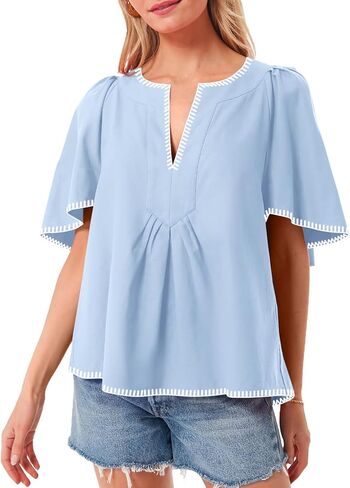 HOULENGS Women's Casual Ruffle Short Sleeve Tops 2025 Summer V Neck Pleated Blouses Loose Business Work Shirts in Saudi Arabia