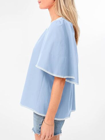 HOULENGS Women's Casual Ruffle Short Sleeve Tops 2025 Summer V Neck Pleated Blouses Loose Business Work Shirts in Saudi Arabia