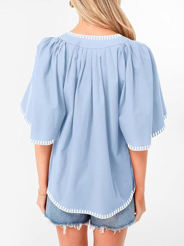 HOULENGS Women's Casual Ruffle Short Sleeve Tops 2025 Summer V Neck Pleated Blouses Loose Business Work Shirts in Saudi Arabia