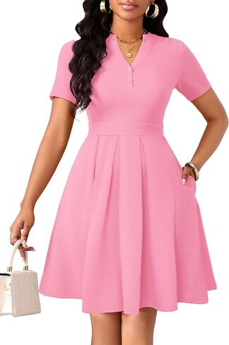 Womens Short Sleeve V Neck Casual Semi-Formal Dress Wedding Guest Cocktail Dresses with Pockets in Saudi Arabia