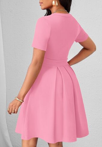 Womens Short Sleeve V Neck Casual Semi-Formal Dress Wedding Guest Cocktail Dresses with Pockets in Saudi Arabia