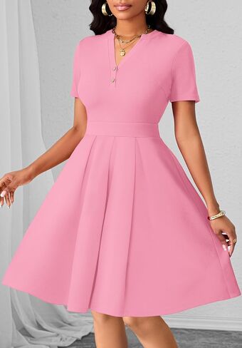 Womens Short Sleeve V Neck Casual Semi-Formal Dress Wedding Guest Cocktail Dresses with Pockets in Saudi Arabia