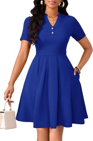 Womens Short Sleeve V Neck Casual Semi-Formal Dress Wedding Guest Cocktail Dresses with Pockets in Saudi Arabia