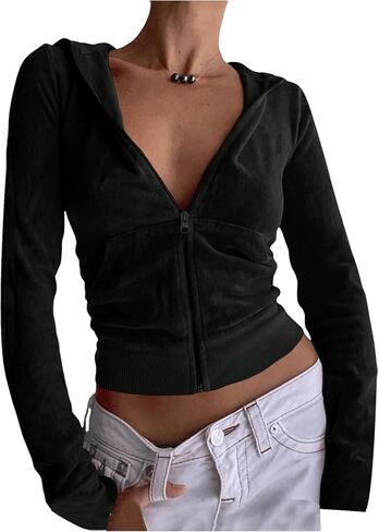 SOLY HUX Women's Zip Up Cropped Hoodies Sweatshirt Long Sleeve Casual Velvet Jacket with Pockets in Saudi Arabia