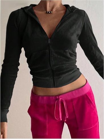 SOLY HUX Women's Zip Up Cropped Hoodies Sweatshirt Long Sleeve Casual Velvet Jacket with Pockets in Saudi Arabia