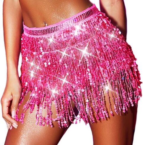 Sequin Tassel Skirt Belly Dance Skirt Sparkly Hip Scarf Skirt Halloween Rave Costume for Women Gold in Kuwait