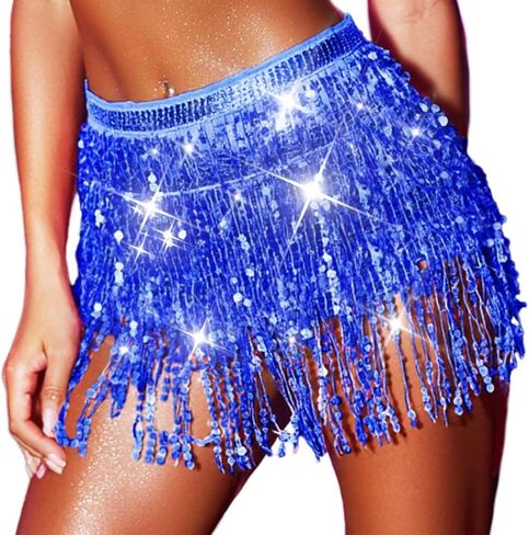 Sequin Tassel Skirt Belly Dance Skirt Sparkly Hip Scarf Skirt Halloween Rave Costume for Women Gold in Saudi Arabia