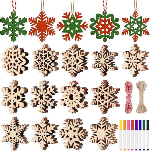 158 Pcs Wooden Christmas Ornaments Unfinished, 50 Pcs Wood Slices for Crafts in 10 Styles with 50 Twine, 50 Colorful Bells & 8 Colorful Pens, DIY Wooden Christmas Ornaments Hanging Decorations in Saudi Arabia