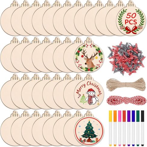 158 Pcs Wooden Christmas Ornaments Unfinished, 50 Pcs Wood Slices for Crafts in 10 Styles with 50 Twine, 50 Colorful Bells & 8 Colorful Pens, DIY Wooden Christmas Ornaments Hanging Decorations in Saudi Arabia