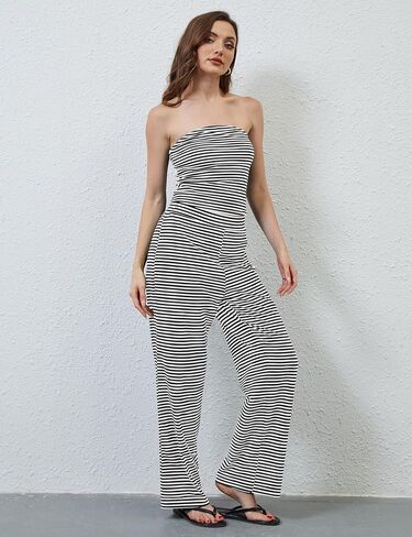 Women Sailor Tube Top Set 2 Piece Outfits Striped Strapless Bandeau Low Waist Wide-Leg Pants Lounge Sets in Kuwait