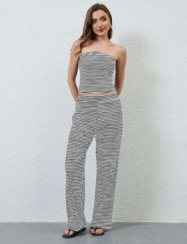 Women Sailor Tube Top Set 2 Piece Outfits Striped Strapless Bandeau Low Waist Wide-Leg Pants Lounge Sets in Kuwait
